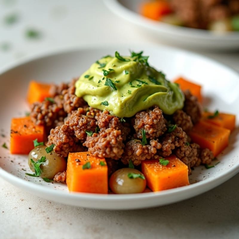 Crispy Ground Beef with Roasted Sweet Potatoes and Creamy Avocado
