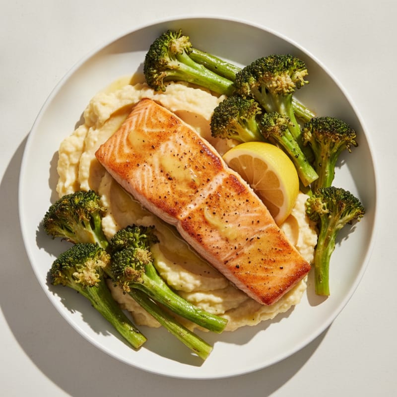 Seared Salmon with Roasted Broccoli and Garlic Mash