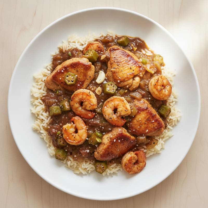 Chicken Thigh and Shrimp Gumbo with Basmati Rice and Okra
