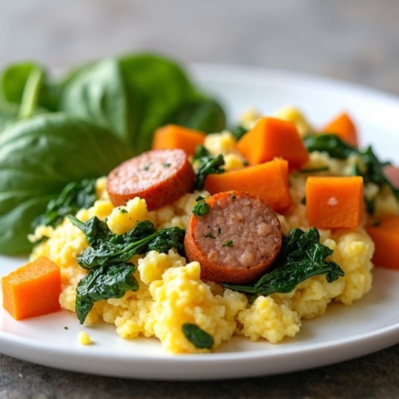 Egg White and Turkey Sausage Scramble with Spinach and Sweet Potato