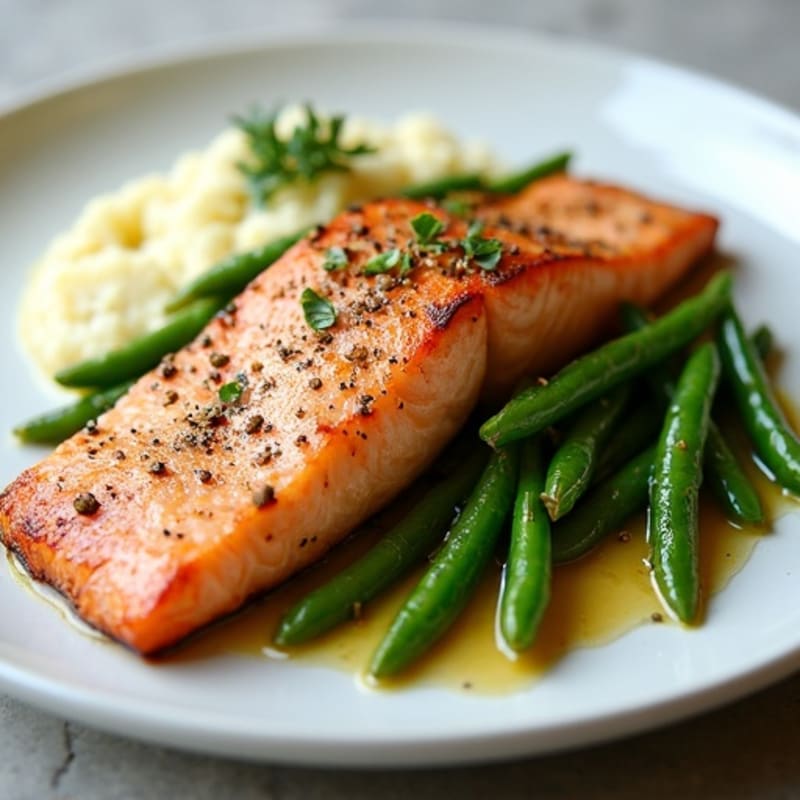 Seared Salmon with Garlic Green Beans and Cauliflower Mash