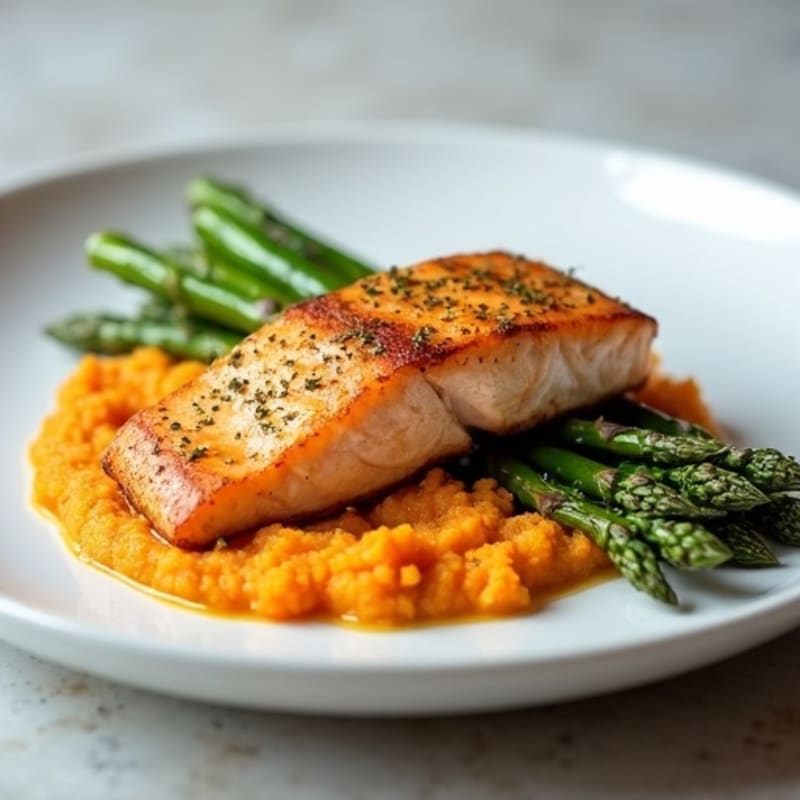 Seared Salmon with Roasted Asparagus and Sweet Potato Mash