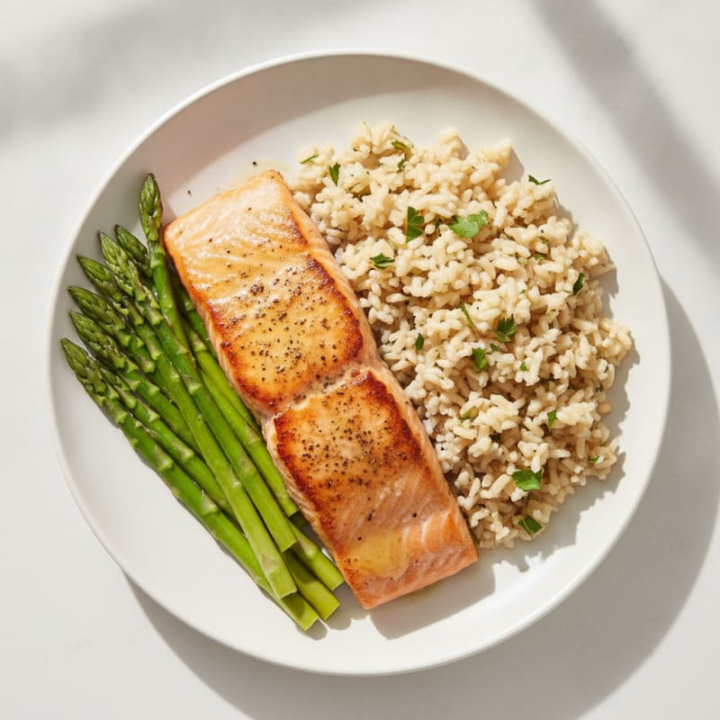 Seared Salmon Fillet with Steamed Asparagus and Herbed Brown Rice