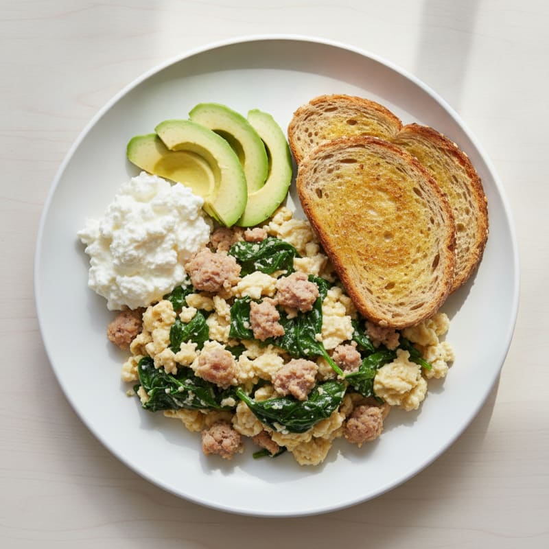 Egg White and Turkey Sausage Scramble with Cottage Cheese and Spinach