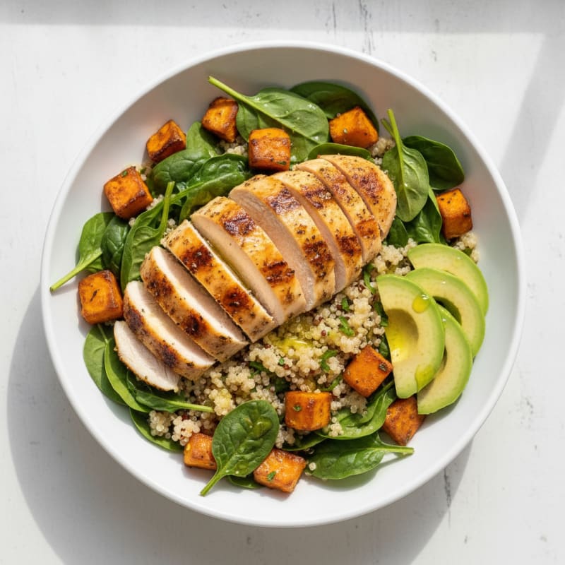 Grilled Chicken and Quinoa Bowl with Roasted Sweet Potato and Spinach