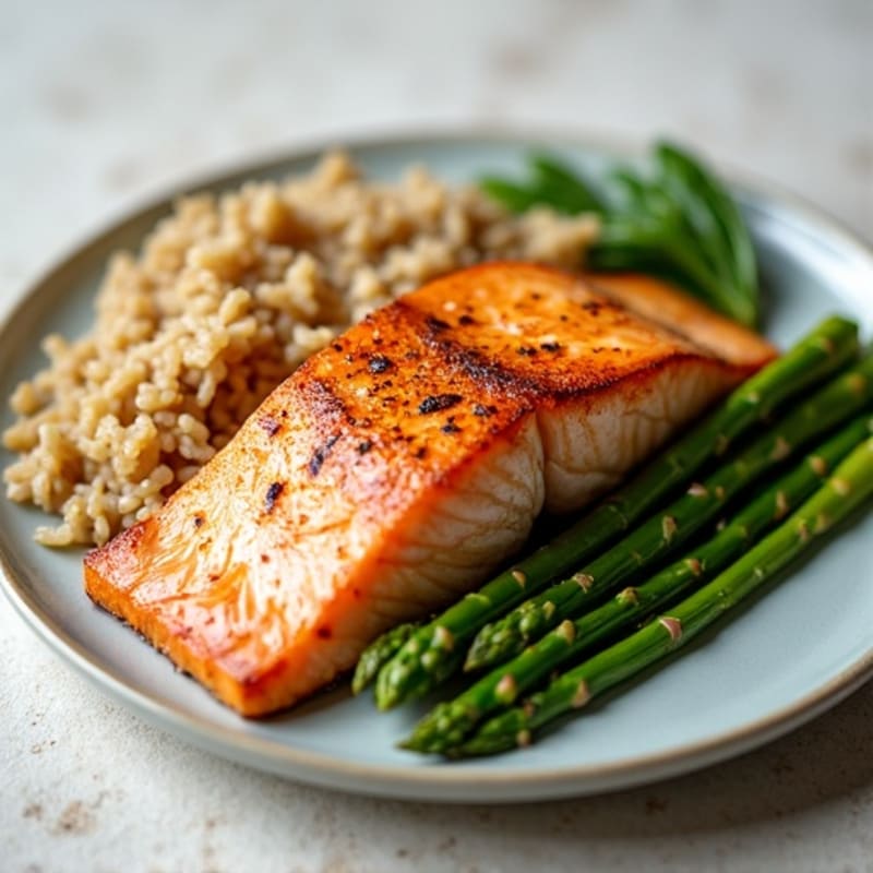 Seared Salmon with Steamed Asparagus and Brown Rice