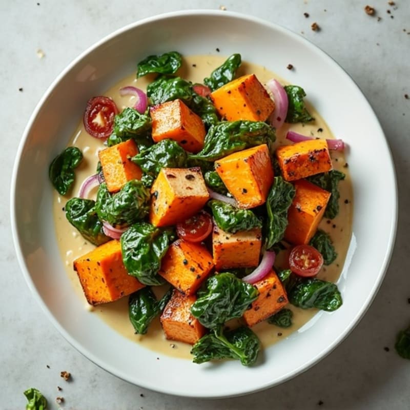 Creamy Spinach Paneer with Roasted Sweet Potatoes