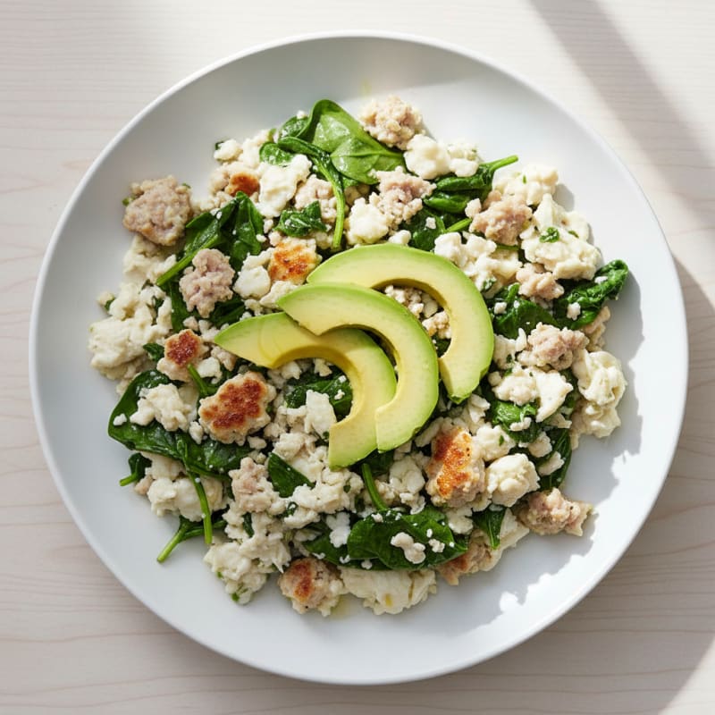 Egg White and Turkey Sausage Scramble with Sautéed Spinach