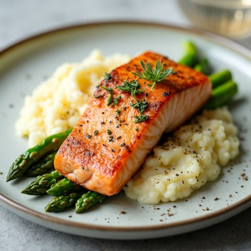 Seared Salmon with Steamed Asparagus and Cauliflower Mash