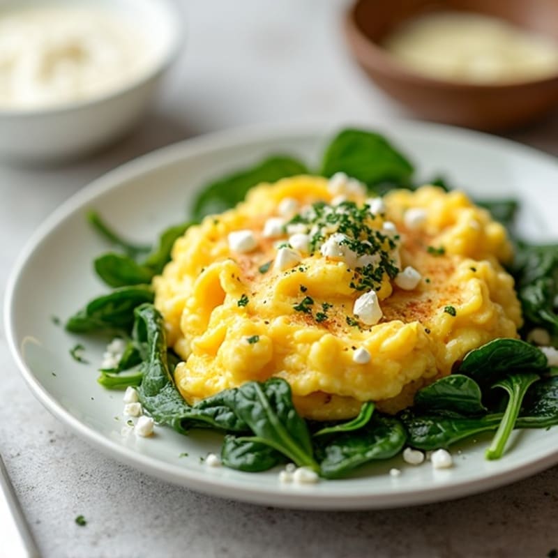 Fluffy Scrambled Eggs with Fresh Spinach and Feta