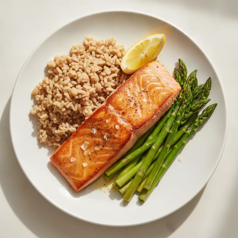 Seared Salmon Fillet with Steamed Asparagus and Brown Rice