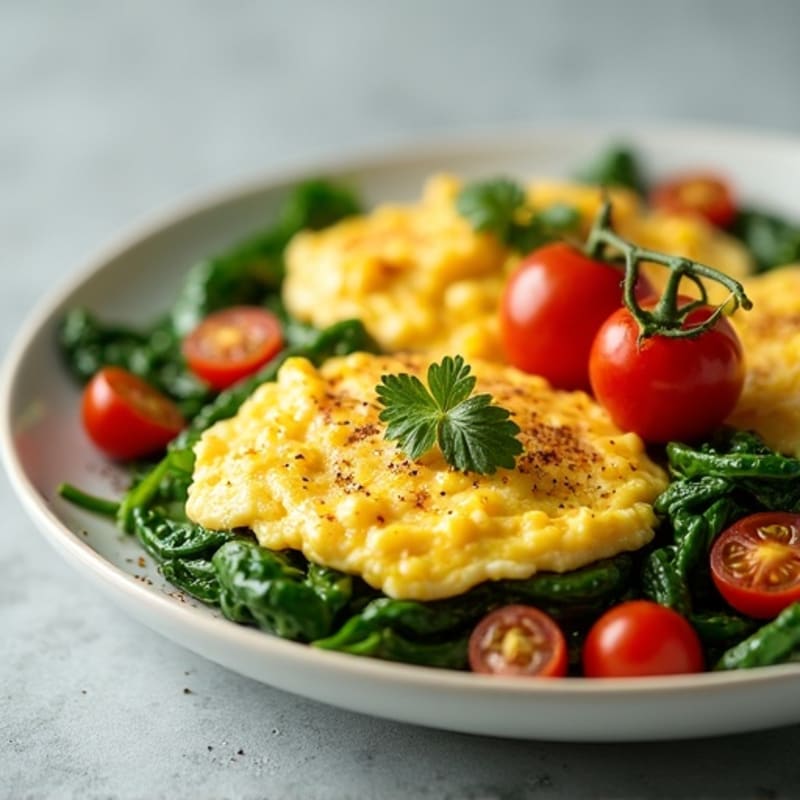 Fluffy Scrambled Eggs with Sautéed Spinach and Cherry Tomatoes