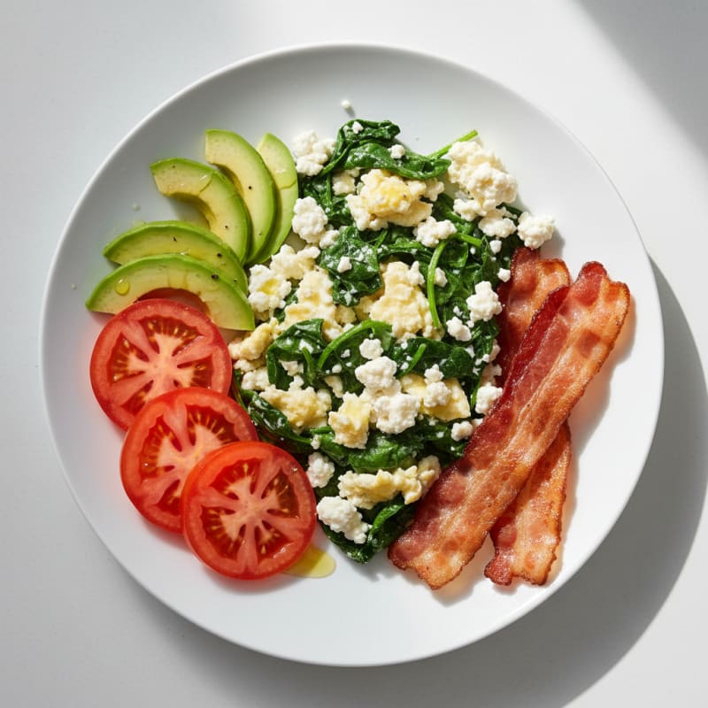 Egg White and Spinach Scramble with Cottage Cheese and Sliced Tomato