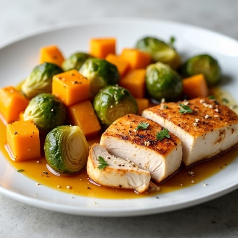 Roasted Butternut Squash and Chicken with Crispy Brussels Sprouts