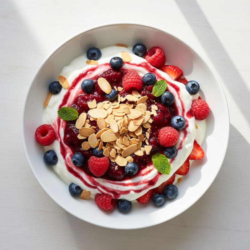 Greek Yogurt Protein Parfait with Mixed Berries and Almonds