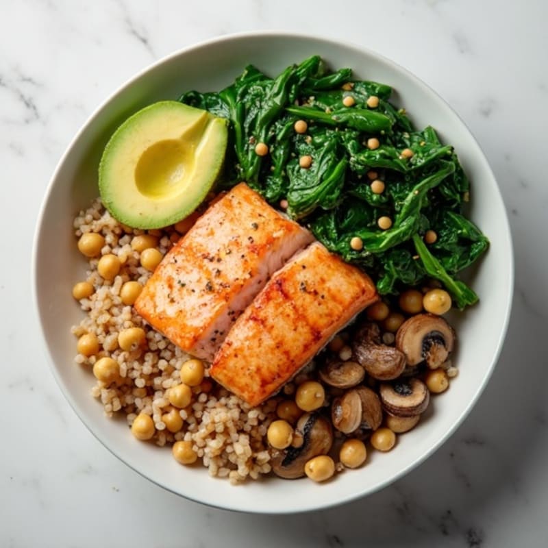 Salmon Rice Bowl with Creamy Avocado, Chickpeas, and Sautéed Spinach and Mushrooms