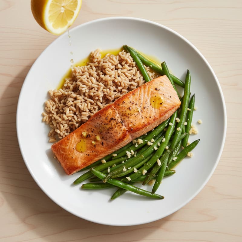 Seared Salmon with Garlic Green Beans and Brown Rice