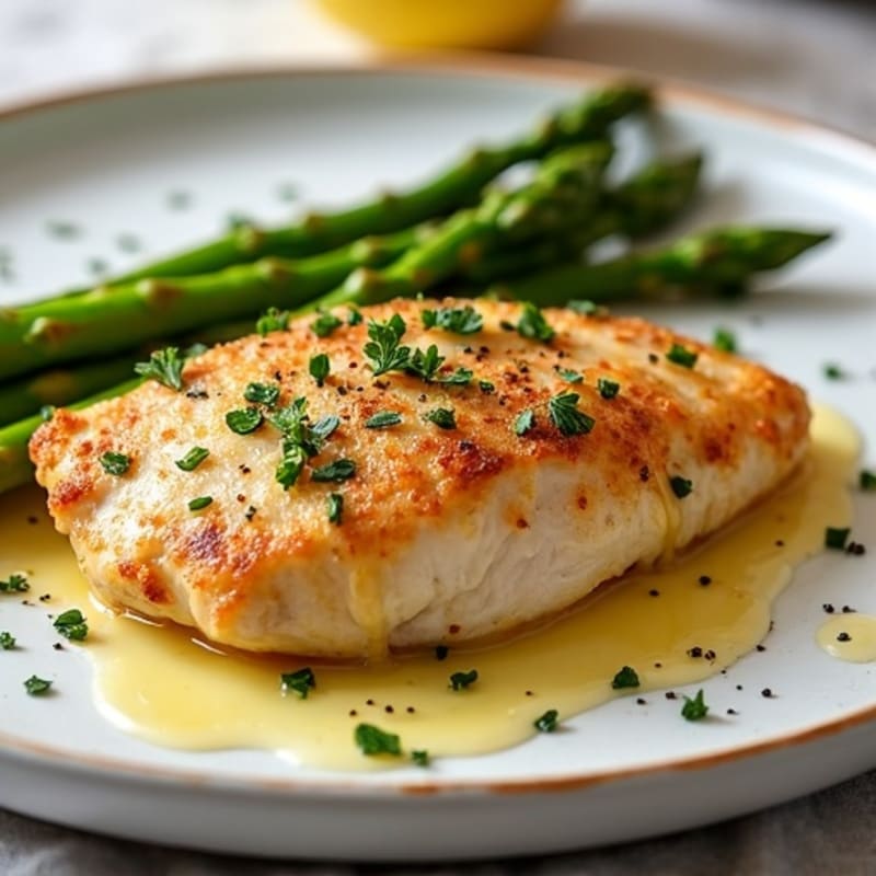 Crispy Pan-Seared Lemon Garlic Chicken with Roasted Asparagus