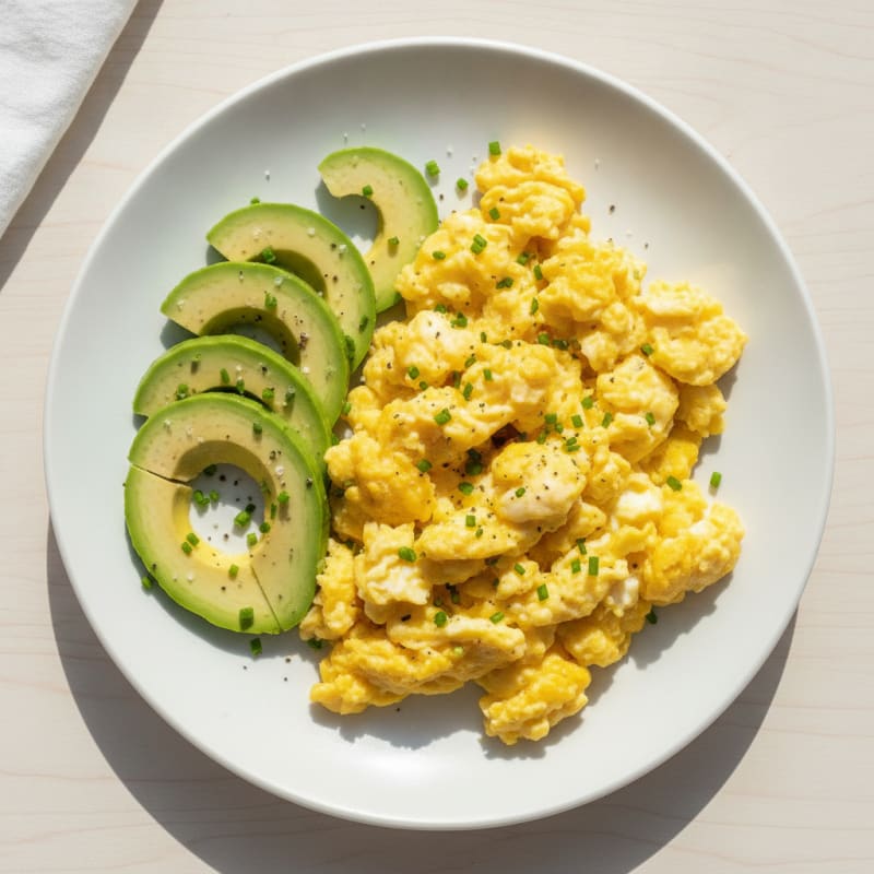 Fluffy Scrambled Eggs with Sliced Avocado