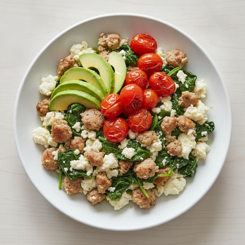 Egg White and Turkey Sausage Scramble with Sautéed Spinach