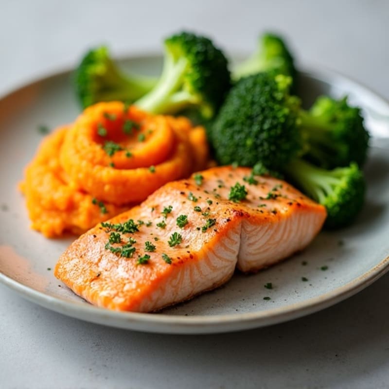 Seared Salmon with Steamed Broccoli and Sweet Potato Mash