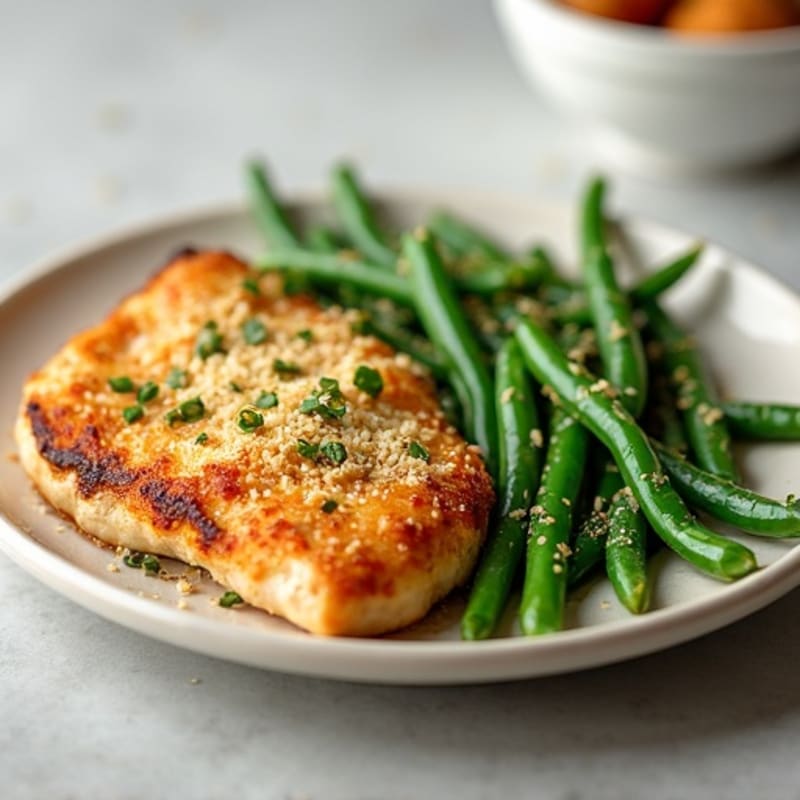 Garlic Parmesan Chicken with Roasted Green Beans and Crispy Whole Wheat Breadsticks