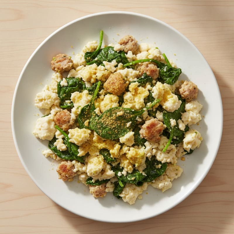 Egg White and Turkey Sausage Scramble with Sautéed Spinach