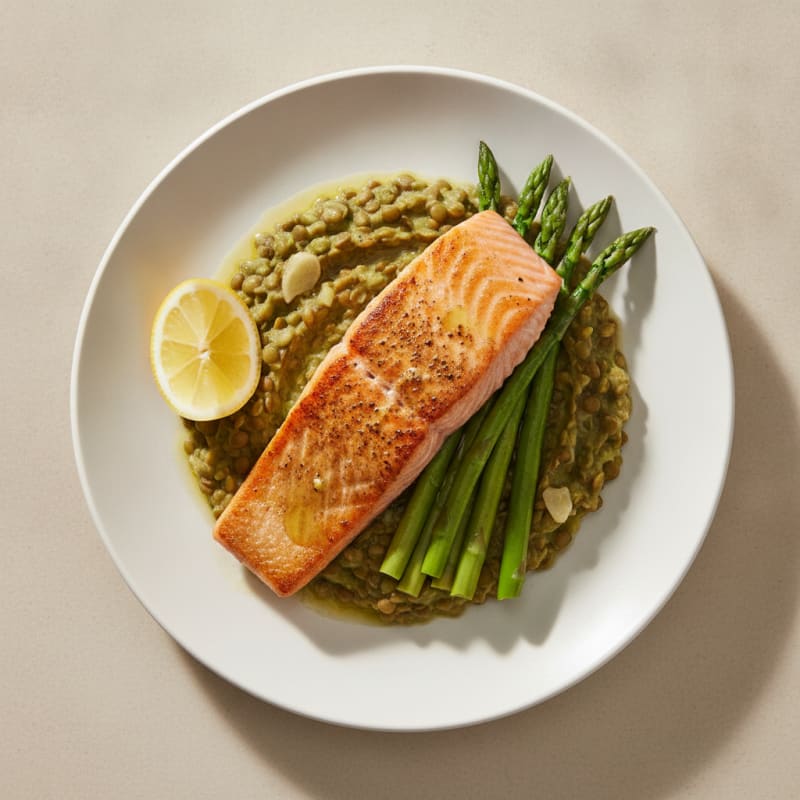 Seared Salmon with Lentil Mash and Steamed Asparagus