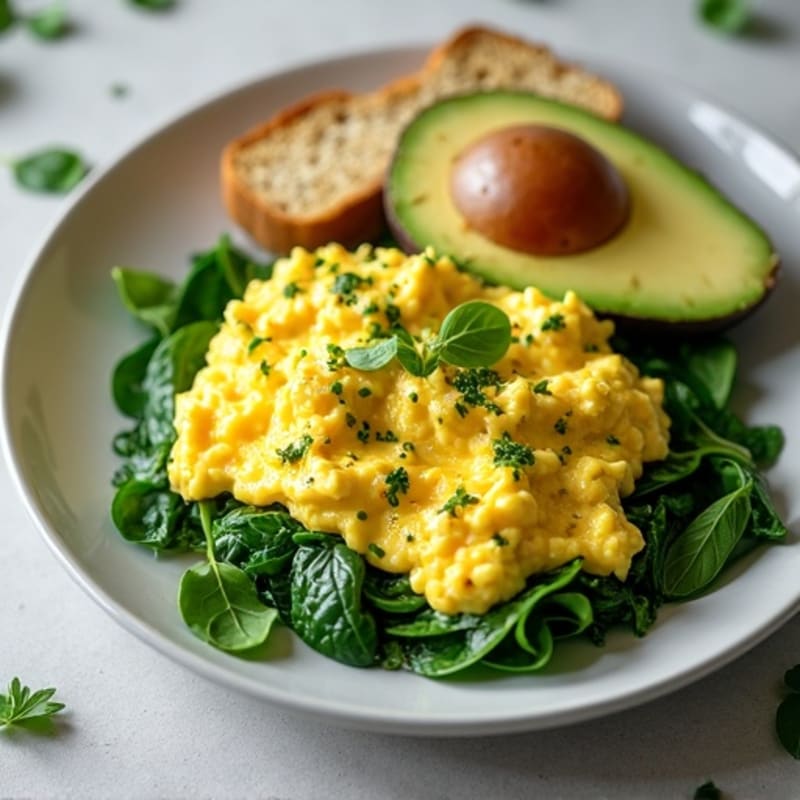 Creamy Herb Scrambled Eggs with Fresh Spinach, Toasted Seed Bread, and Sliced Avocado