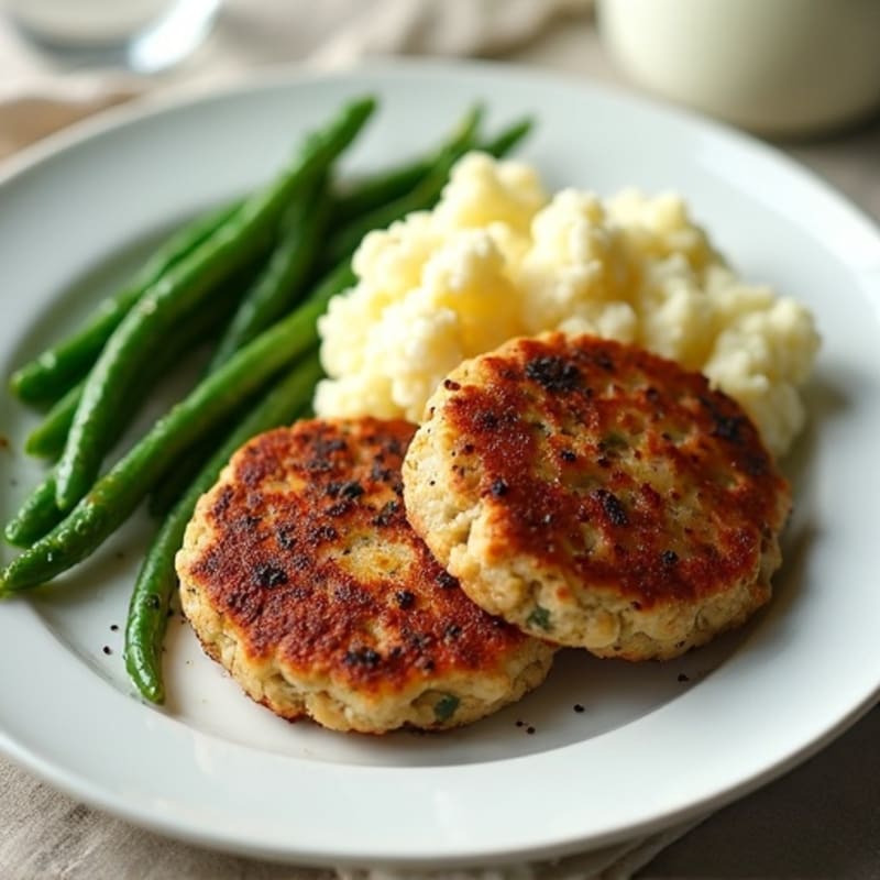 Seared Turkey Patties with Garlic Green Beans and Mashed Cauliflower