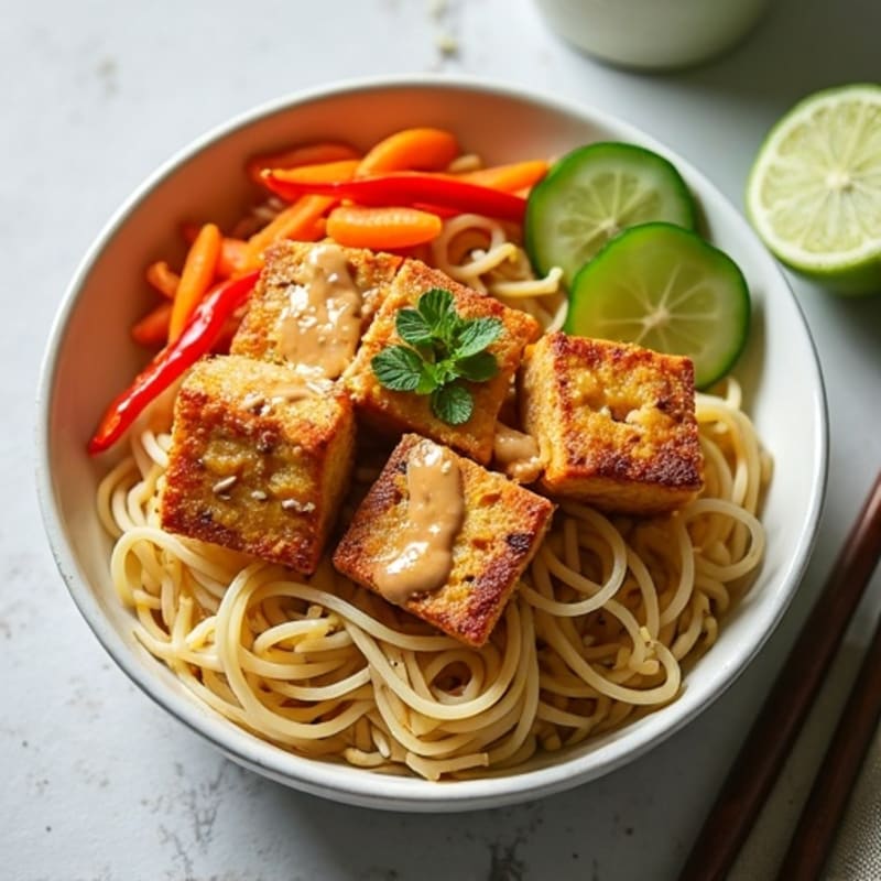Crispy Tofu with Creamy Thai Peanut Noodles and Fresh Vegetables