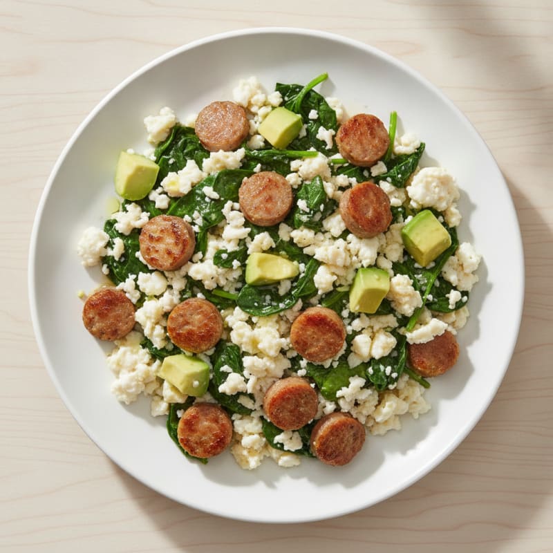 Egg White and Turkey Sausage Scramble with Sautéed Spinach