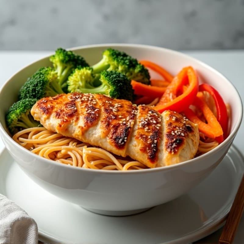 Spicy Sriracha Chicken Noodle Bowl with Crispy Vegetables