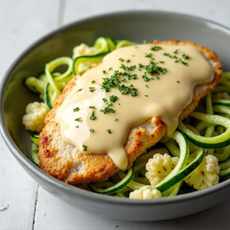Creamy Cauliflower Alfredo Chicken with Zucchini Noodles