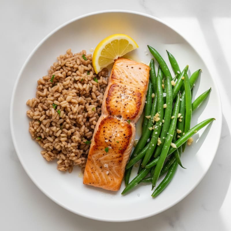 Seared Salmon with Garlic Green Beans and Brown Rice