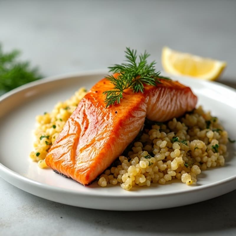 Roasted Salmon with Sweet-Savory Maple-Dijon Glaze with Creamy Lemon-Herb Quinoa