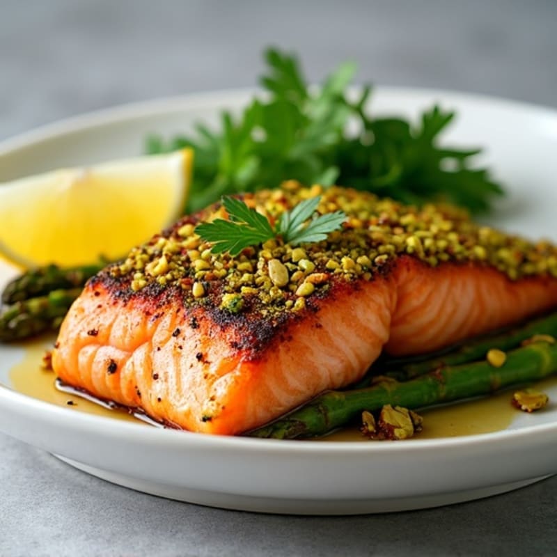 Crispy Pan-Seared Salmon with Bright Pistachio-Herb Crust and Roasted Asparagus