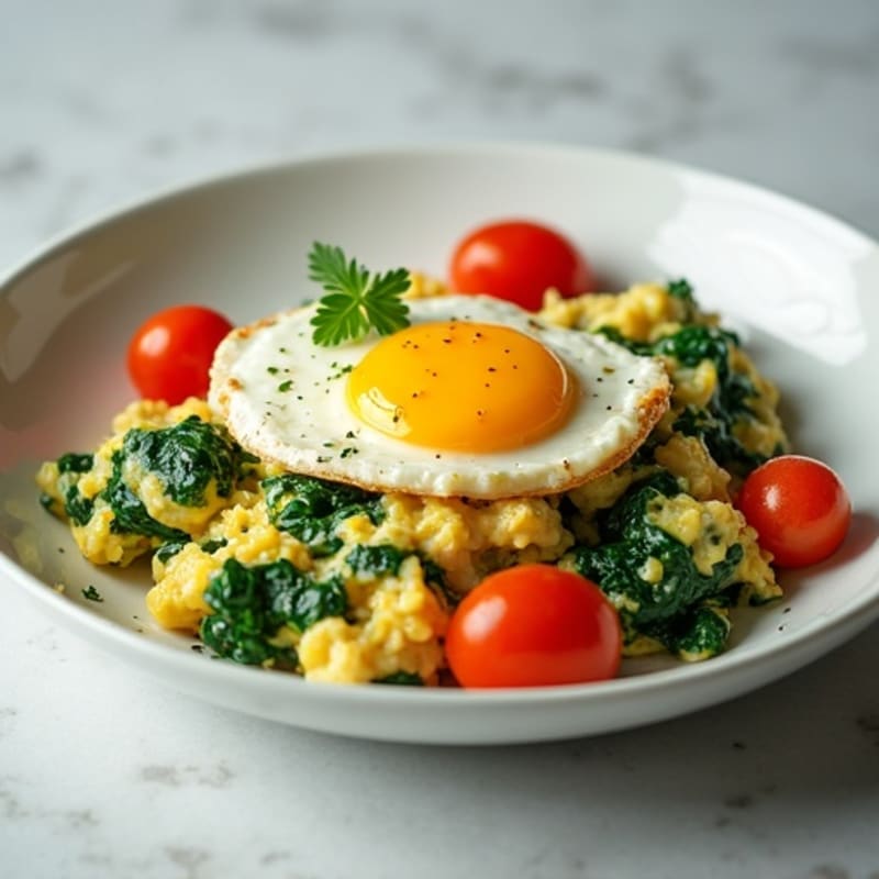 Egg White Spinach Scramble with Cottage Cheese and Cherry Tomatoes