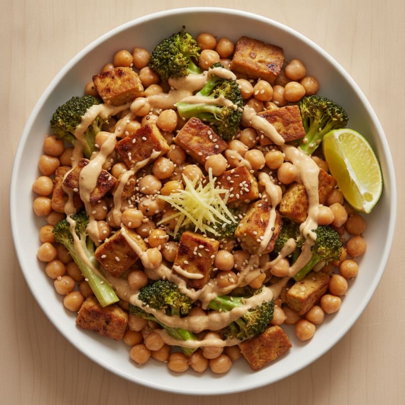 Grilled Tempeh and Chickpea Stir Fry with Broccoli and Cashew Sauce