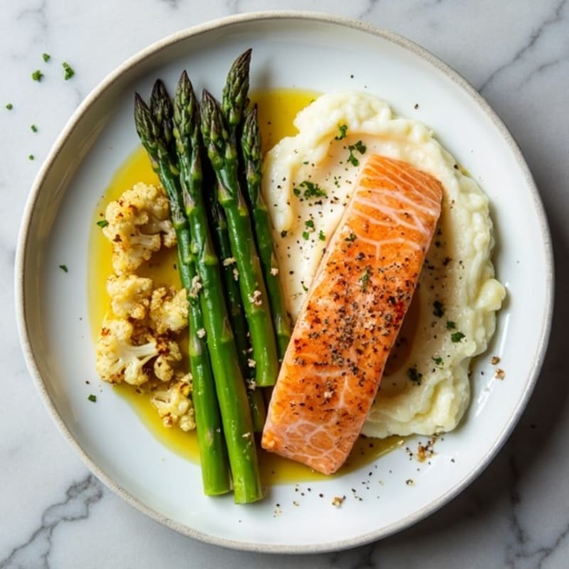 Seared Salmon with Roasted Asparagus and Cauliflower Mash