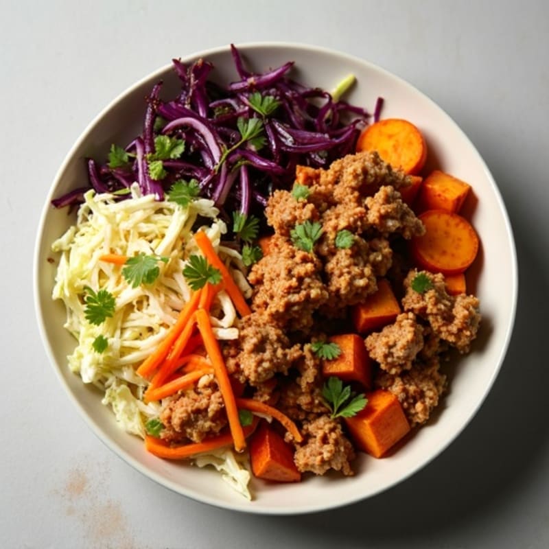 Smoky Pulled Pork Bowl with Roasted Sweet Potatoes and Crispy Slaw
