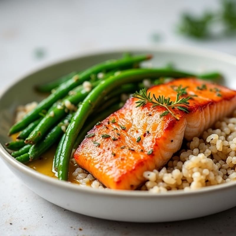 Seared Salmon with Garlic Green Beans and Brown Rice