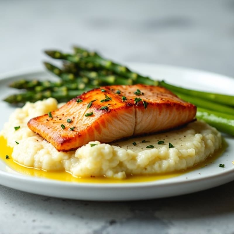 Seared Salmon with Roasted Asparagus and Cauliflower Mash