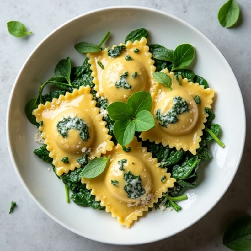 Creamy Spinach Ravioli with Roasted Garlic and Fresh Greens