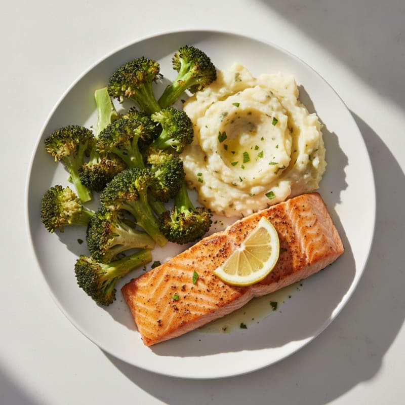 Seared Salmon with Roasted Broccoli and Garlic Mashed Potatoes