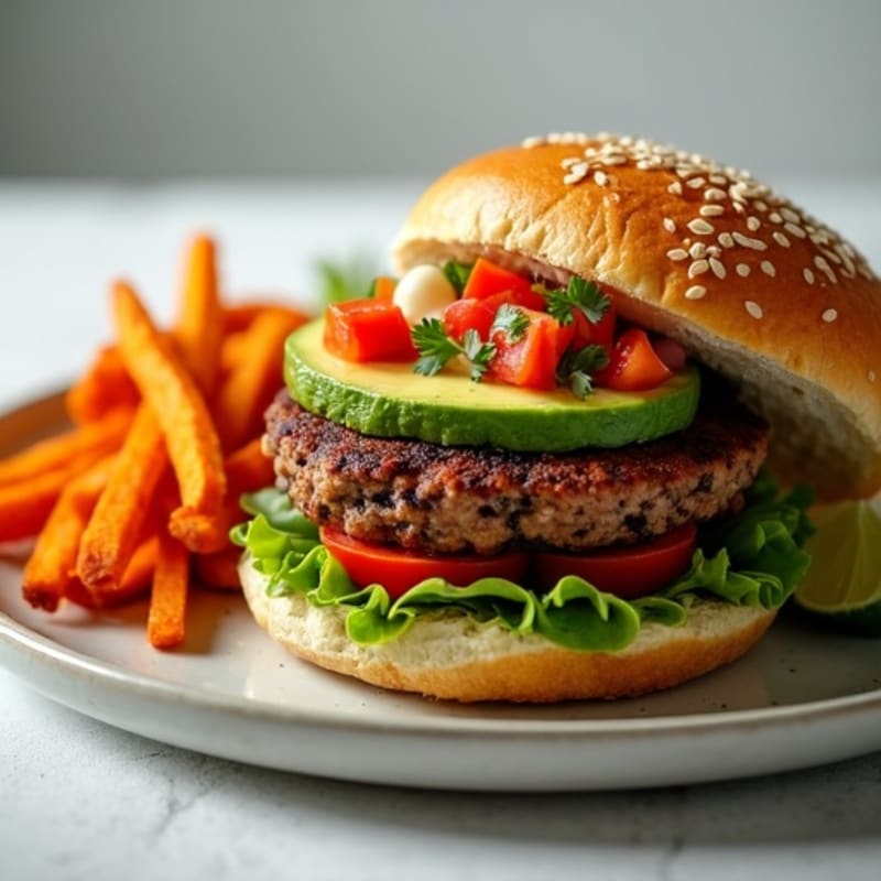 Smoky Black Bean Burgers with Crispy Sweet Potato Fries and Fresh Avocado Salsa