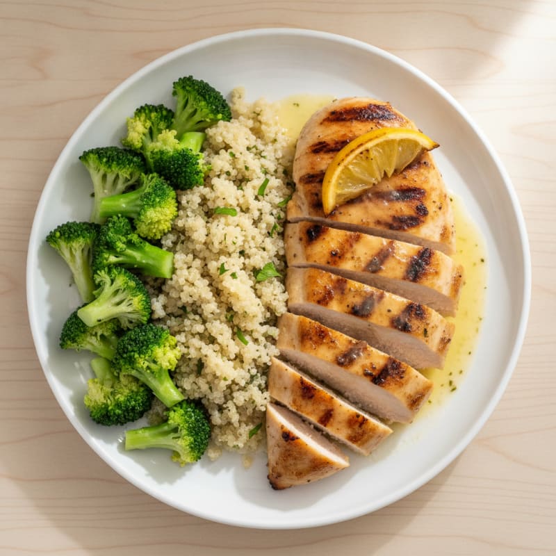Grilled Chicken Breast with Steamed Broccoli and Quinoa
