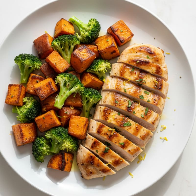 Grilled Chicken Breast with Roasted Sweet Potatoes and Steamed Broccoli