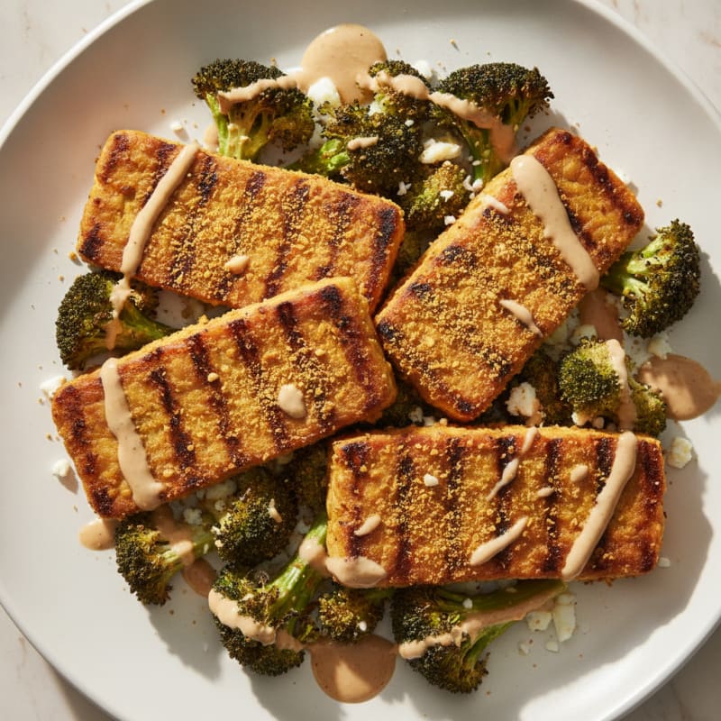 Grilled Tempeh with Roasted Broccoli and Garlic Tahini Drizzle