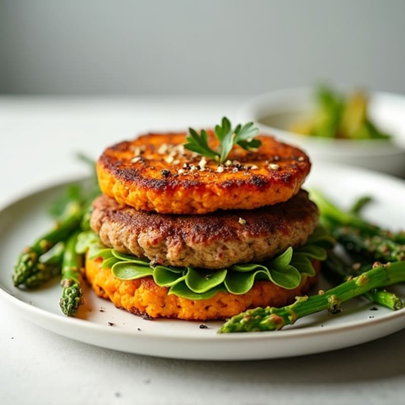 Lean Turkey Sweet Potato Burgers with Crispy Roasted Asparagus
